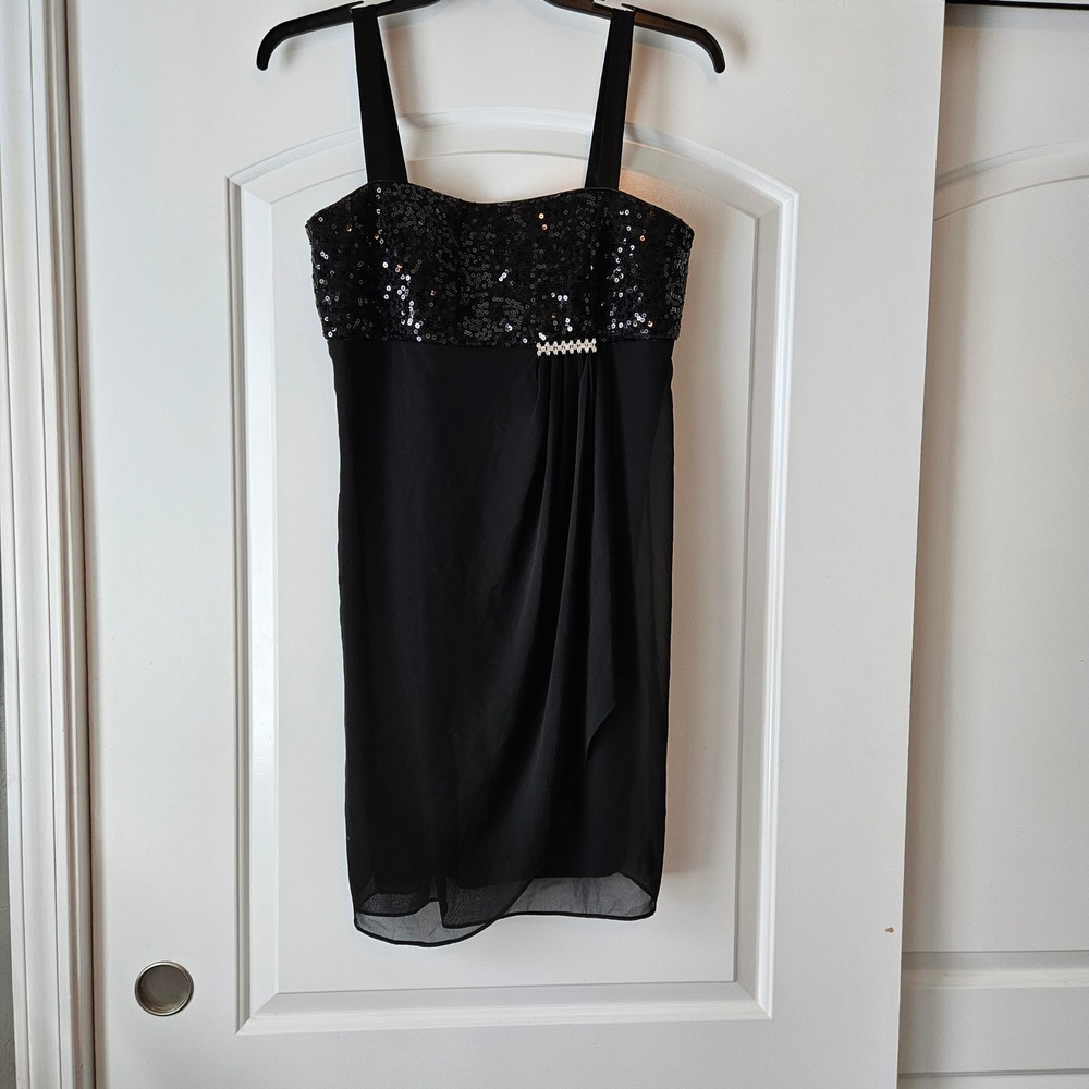 R&M Richards Dress Size 12P Black Sequin Babydoll‎ Asymmetrical Y2K Cocktail